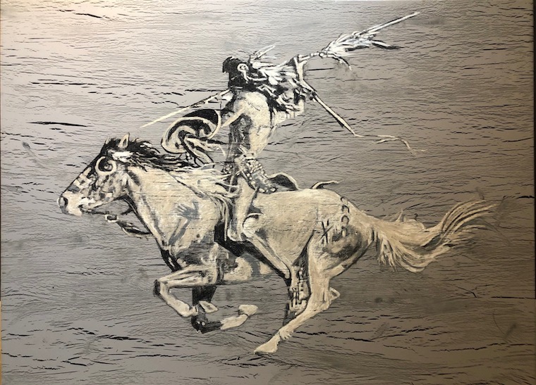 Crazy Horse II, 2019. Oil, oil pastel, cracking varnish and powdered gold on canvas. 96,5 x 132 cm.
