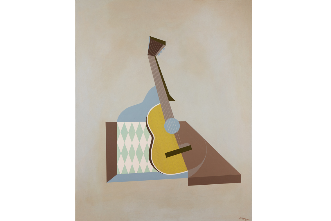 Nessie's guitar on table, 2017, Acrylic on canvas. 150 x 120 cm