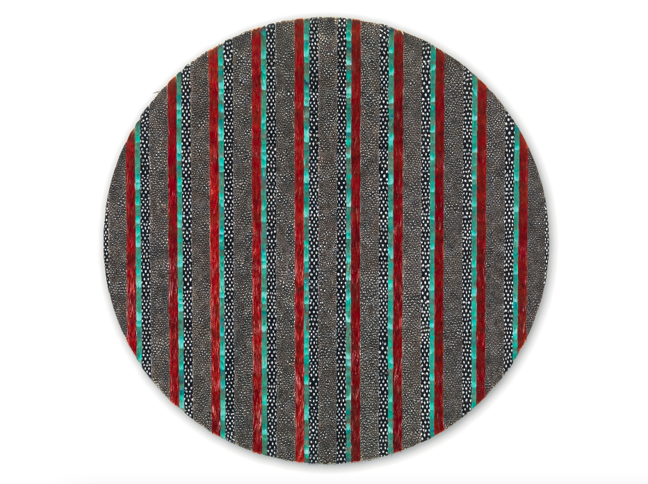 George Taylor: Insomnia in Red, 2017 Rollerbird, Guineafowl and Golden Pheasant Feathers Canvas on Board Unique 61 cm diameter